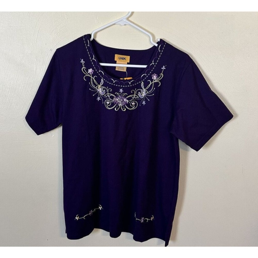 Vintage Unik Shirt Embroidered Floral Womens Size Large Short Sleeve Purple